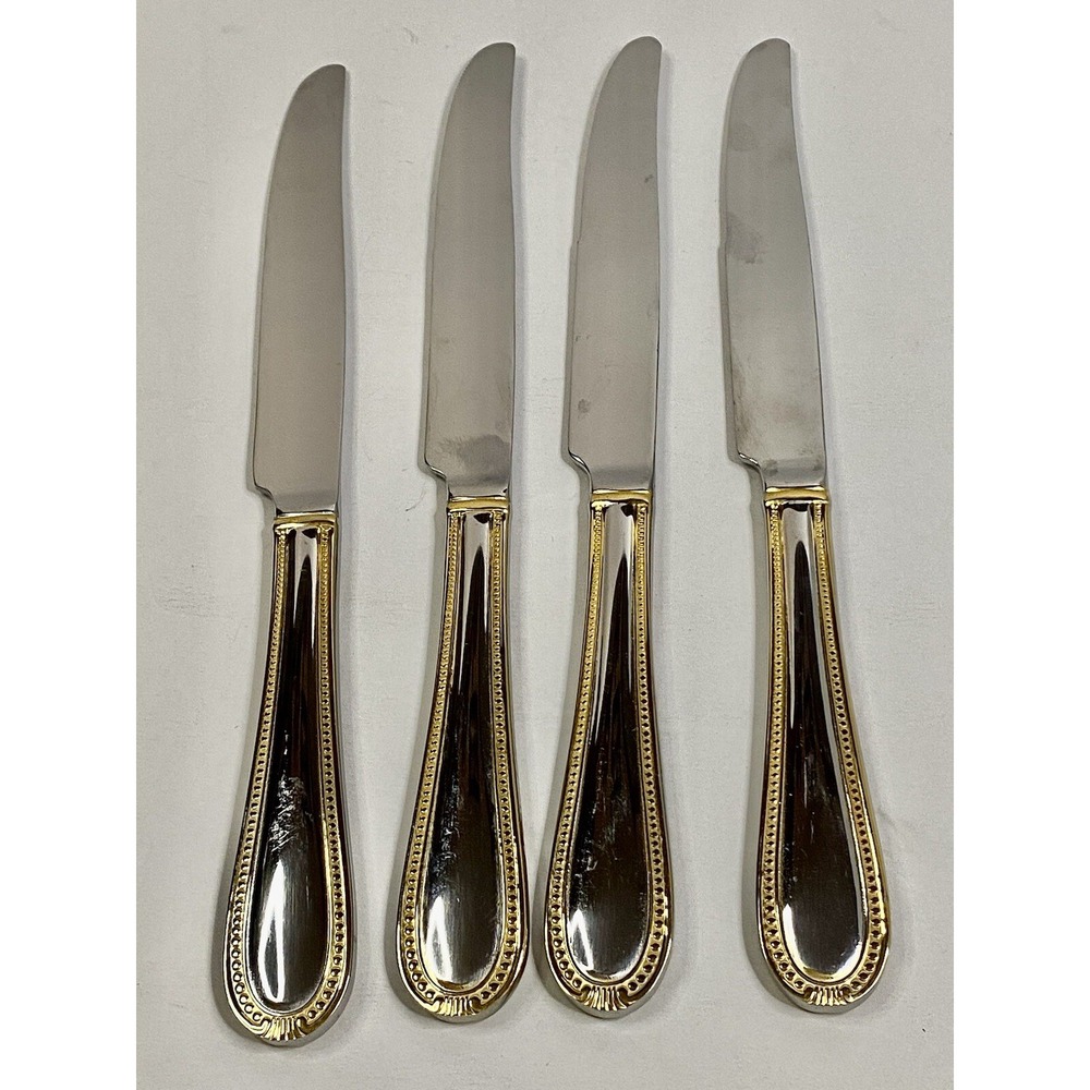Reed and Barton Kendrick Gold Beaded Stainless Flatware 9.5" Dinner Knives Set 4